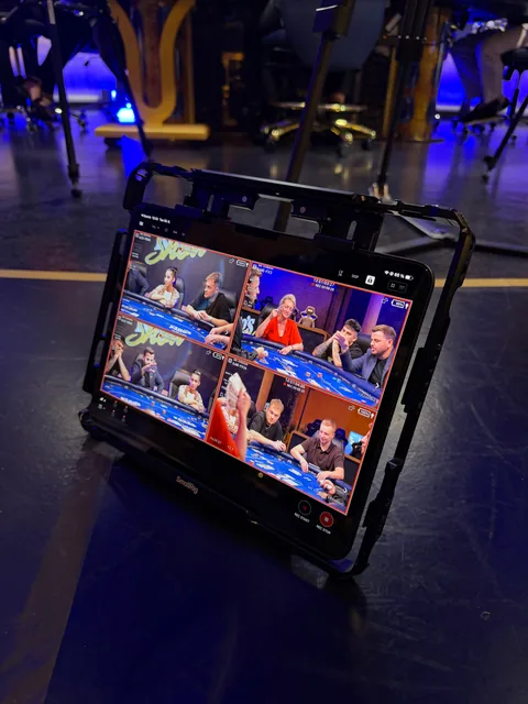 Close-up of a monitor showing four simultaneous camera views of a King’s Show shoot.